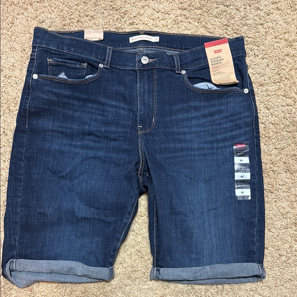 Levi's Blue Jean Shorts with Cuffed Hem and Whiskering
